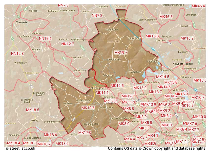 map showing postcode sectors within the MK19 district