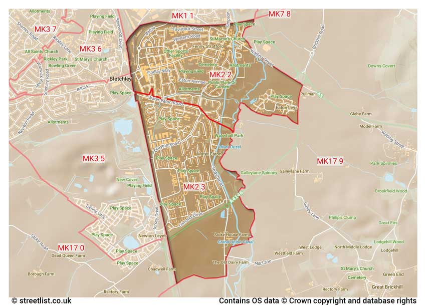 map showing postcode sectors within the MK2 district