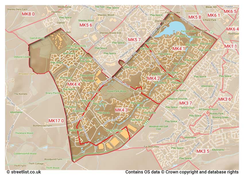 map showing postcode sectors within the MK4 district