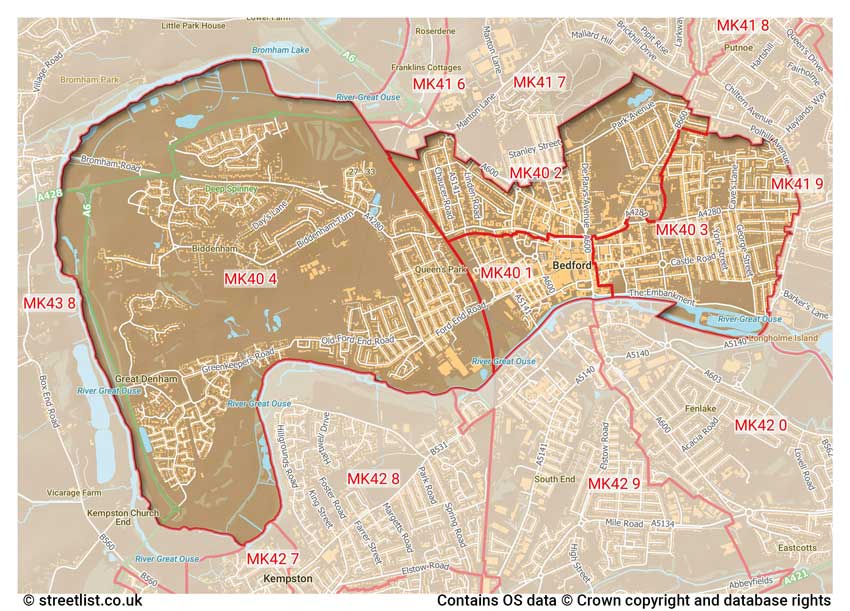 map showing postcode sectors within the MK40 district