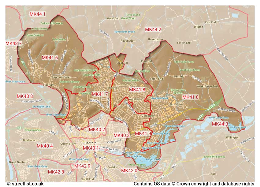 map showing postcode sectors within the MK41 district