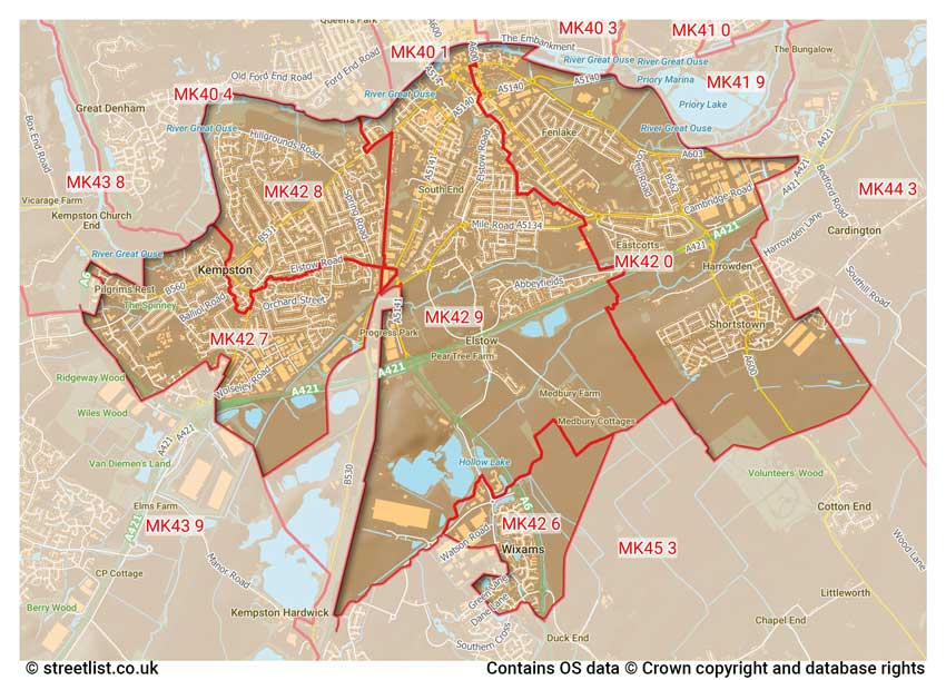 map showing postcode sectors within the MK42 district