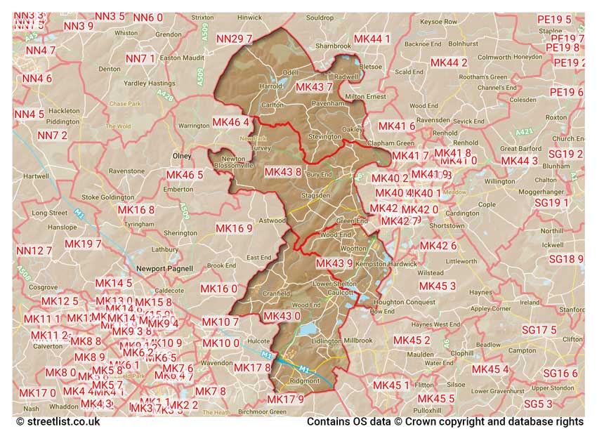 map showing postcode sectors within the MK43 district