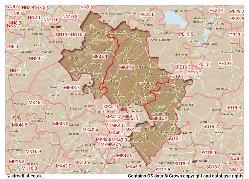 map showing postcode sectors within the MK44 district