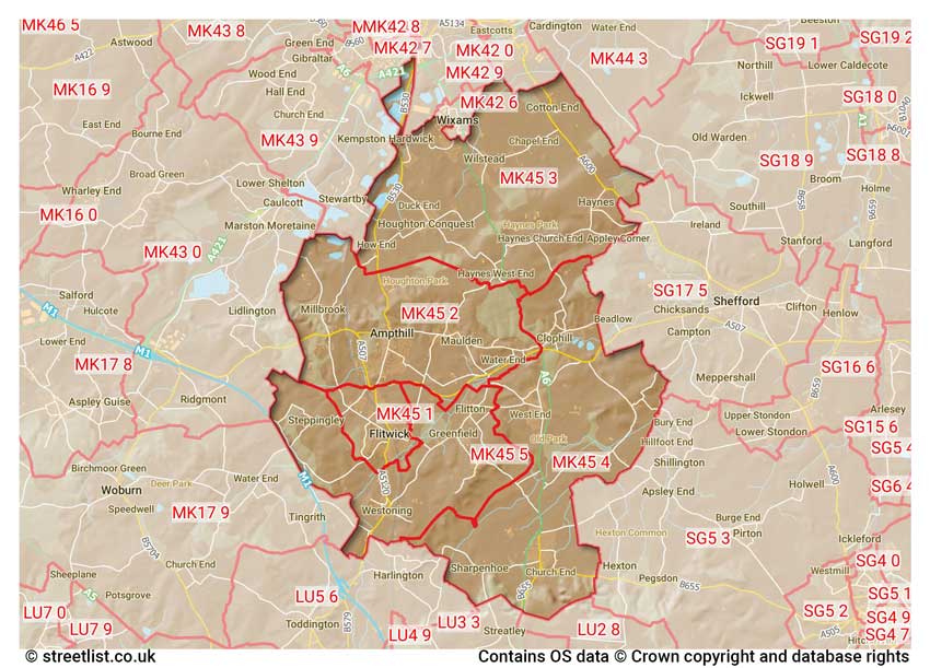 map showing postcode sectors within the MK45 district