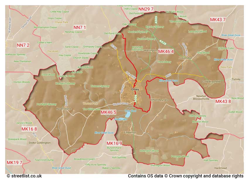 map showing postcode sectors within the MK46 district