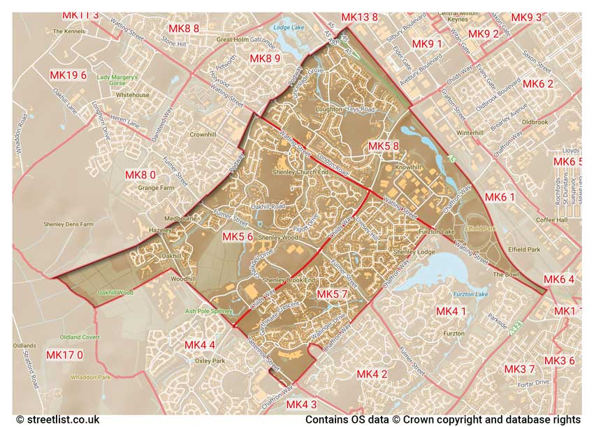 map showing postcode sectors within the MK5 district