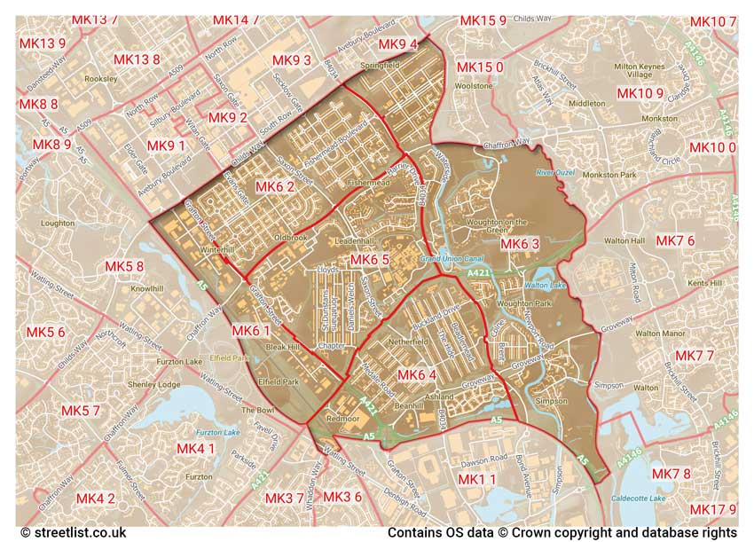 map showing postcode sectors within the MK6 district