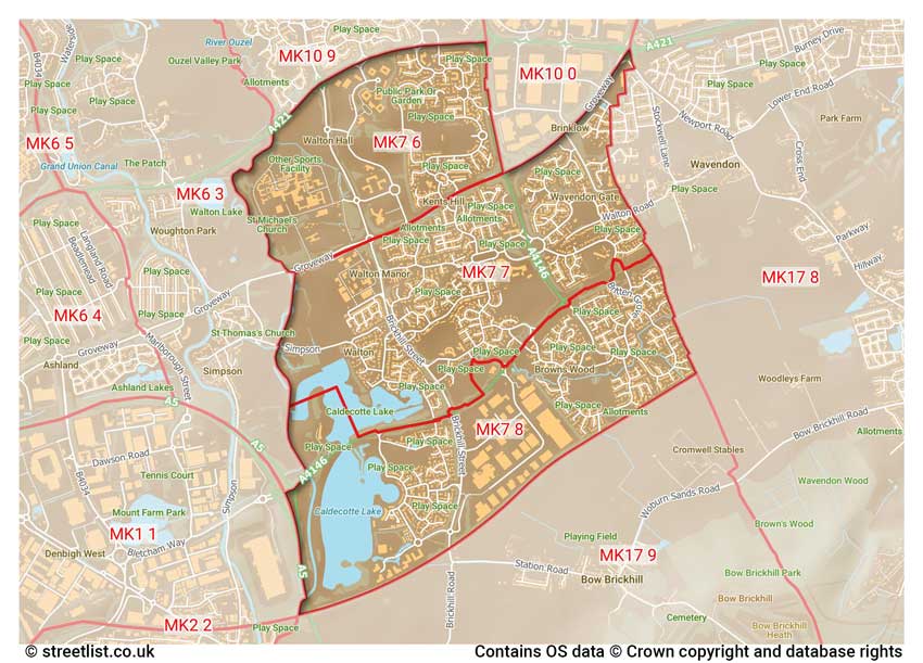 map showing postcode sectors within the MK7 district