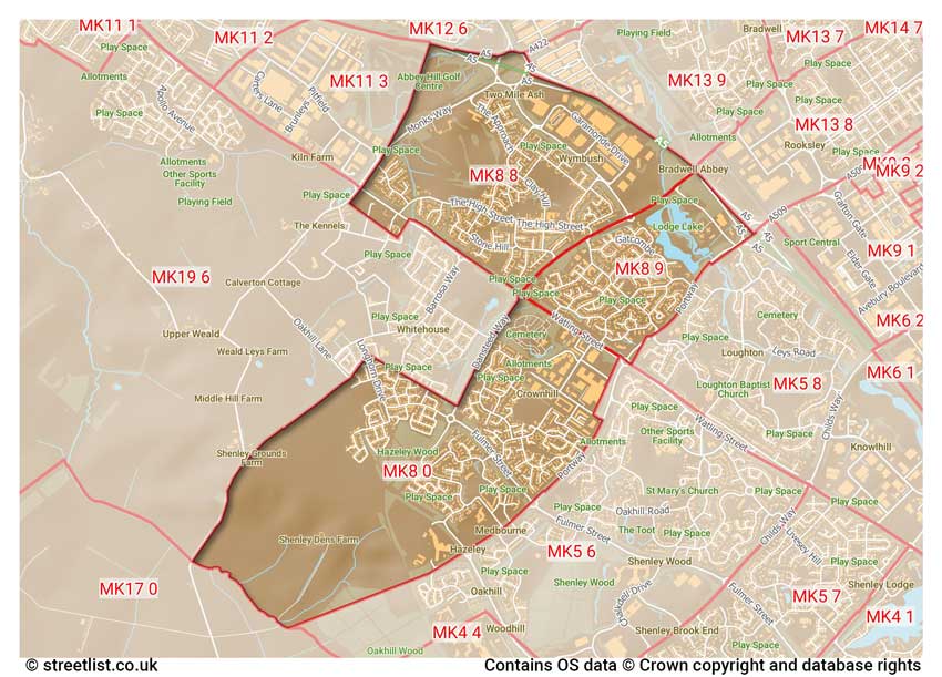 map showing postcode sectors within the MK8 district