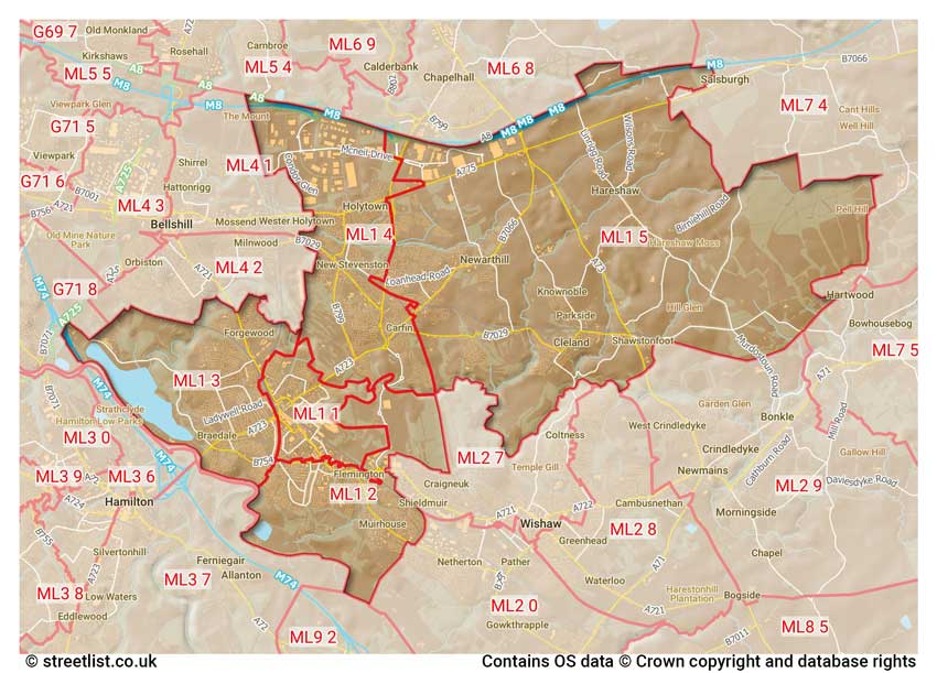 map showing postcode sectors within the ML1 district