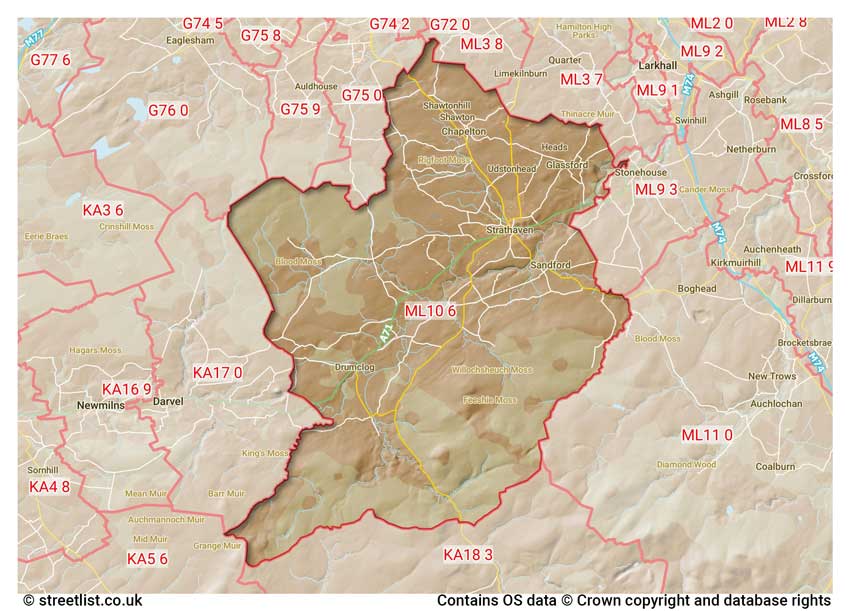 map showing postcode sectors within the ML10 district