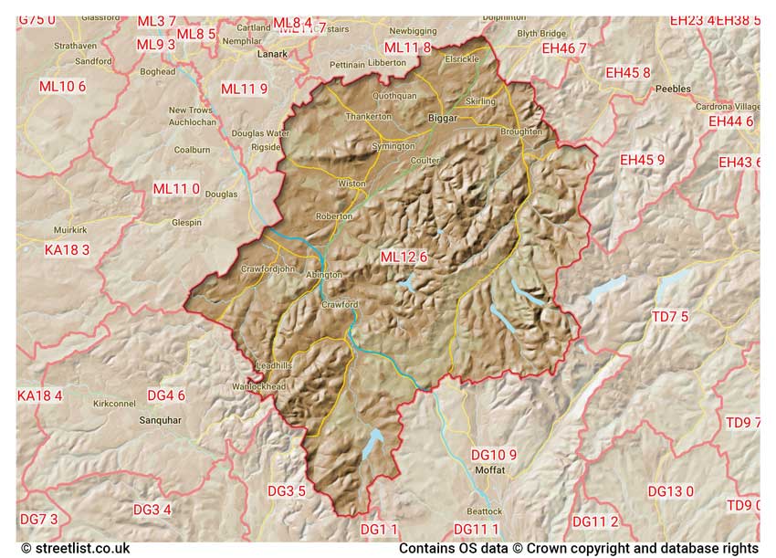map showing postcode sectors within the ML12 district