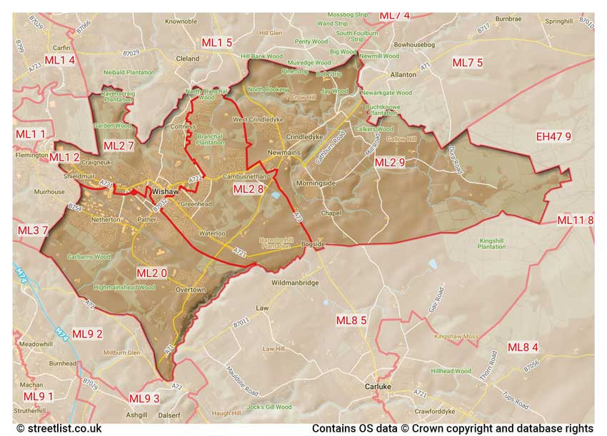 map showing postcode sectors within the ML2 district