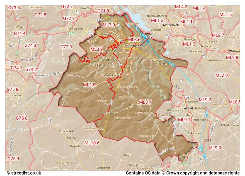 map showing postcode sectors within the ML3 district