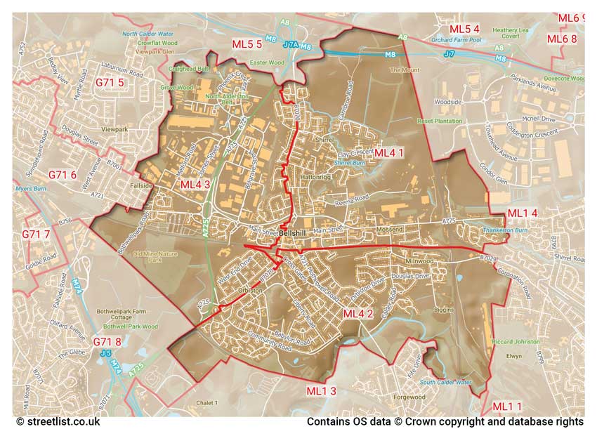 map showing postcode sectors within the ML4 district