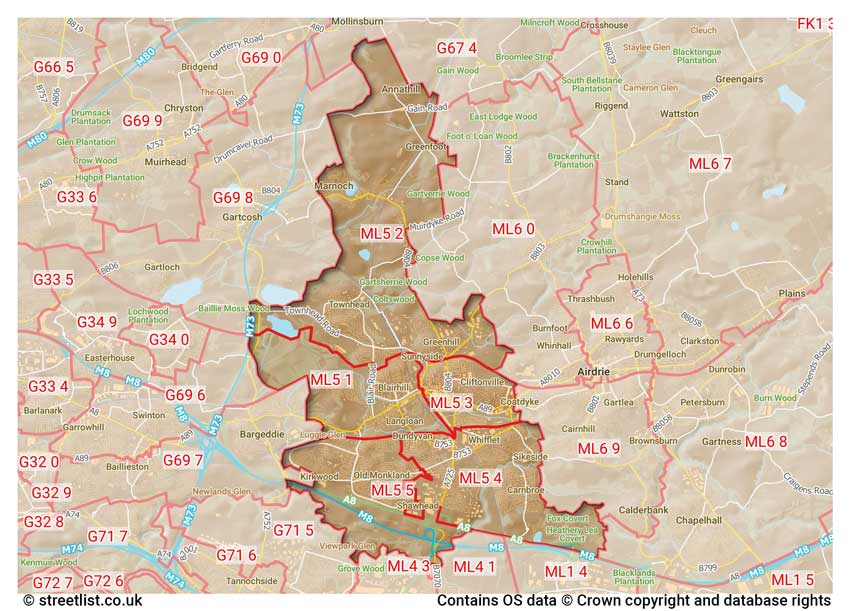 map showing postcode sectors within the ML5 district