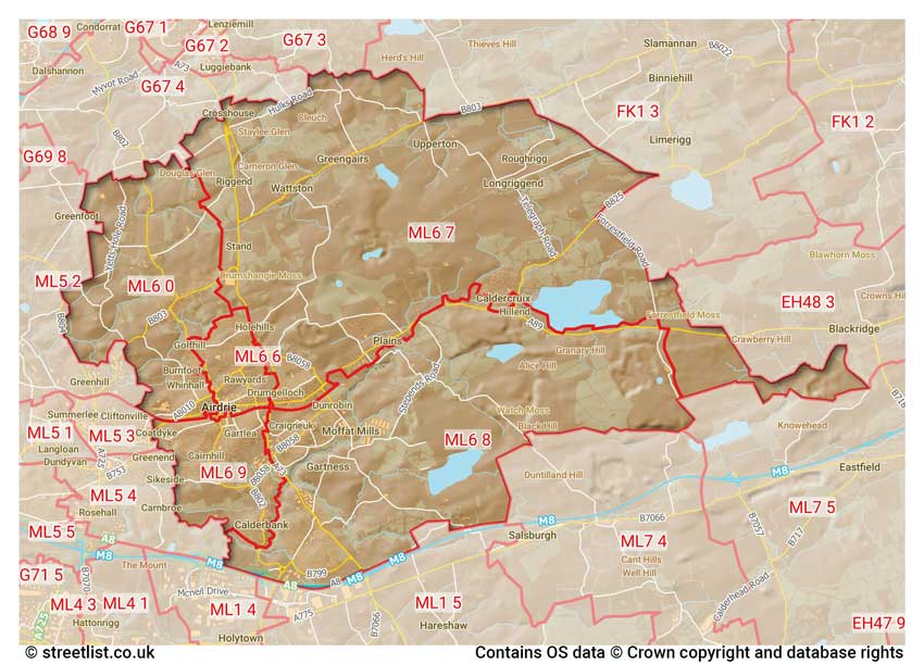 map showing postcode sectors within the ML6 district