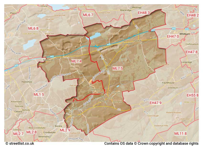 map showing postcode sectors within the ML7 district