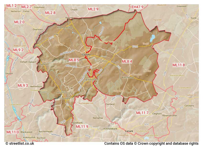 map showing postcode sectors within the ML8 district