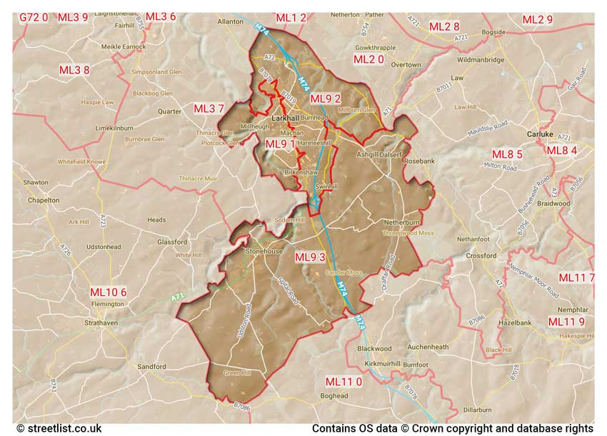 map showing postcode sectors within the ML9 district