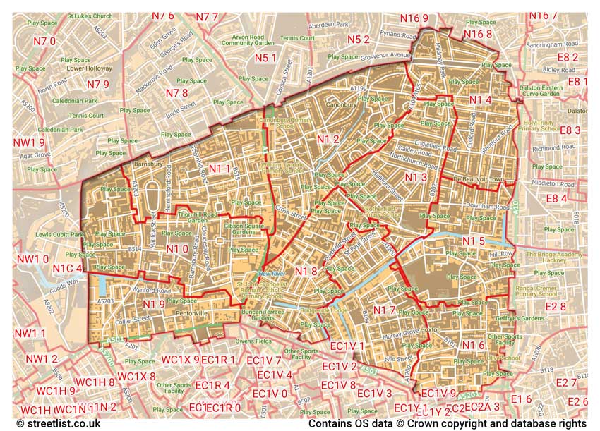 map showing postcode sectors within the N1 district