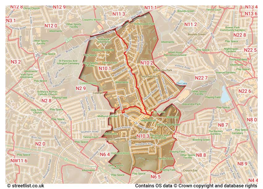 map showing postcode sectors within the N10 district