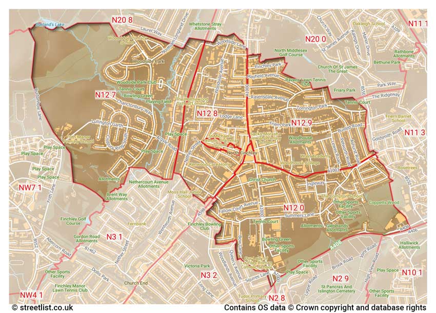 map showing postcode sectors within the N12 district