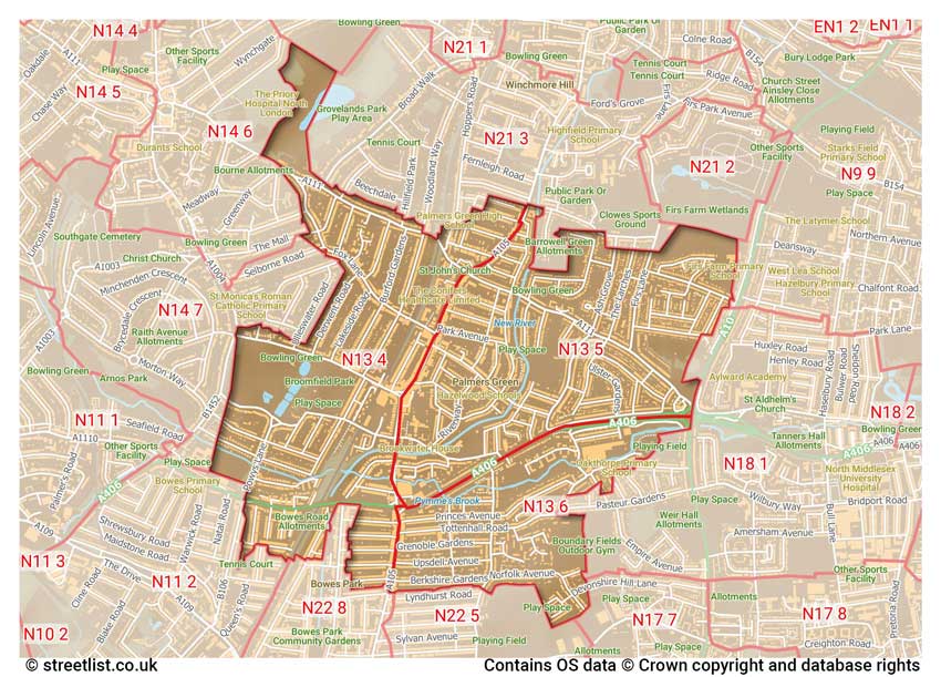 map showing postcode sectors within the N13 district