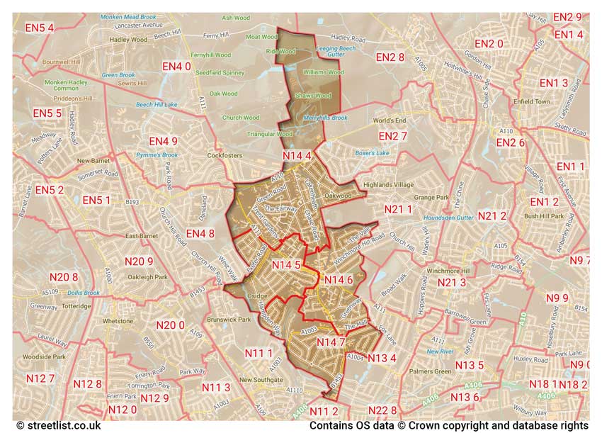 map showing postcode sectors within the N14 district