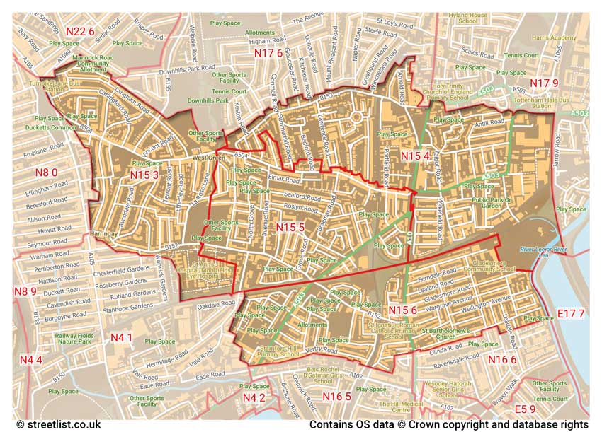 map showing postcode sectors within the N15 district