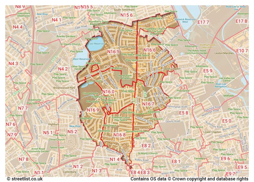 map showing postcode sectors within the N16 district