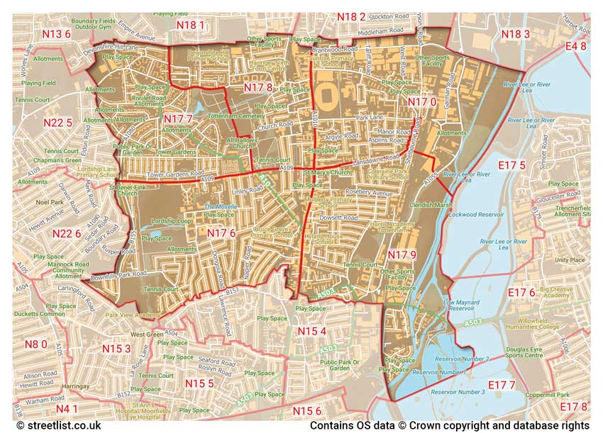 map showing postcode sectors within the N17 district