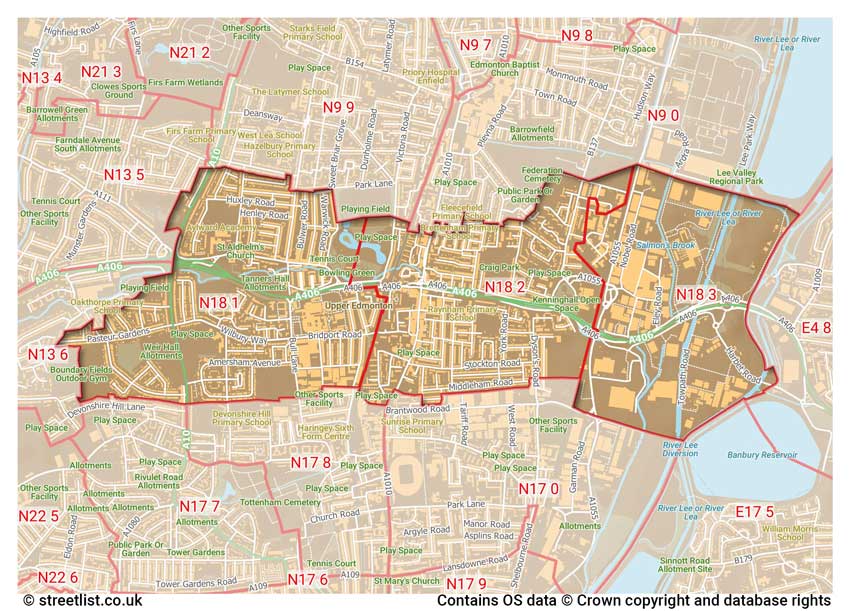 map showing postcode sectors within the N18 district