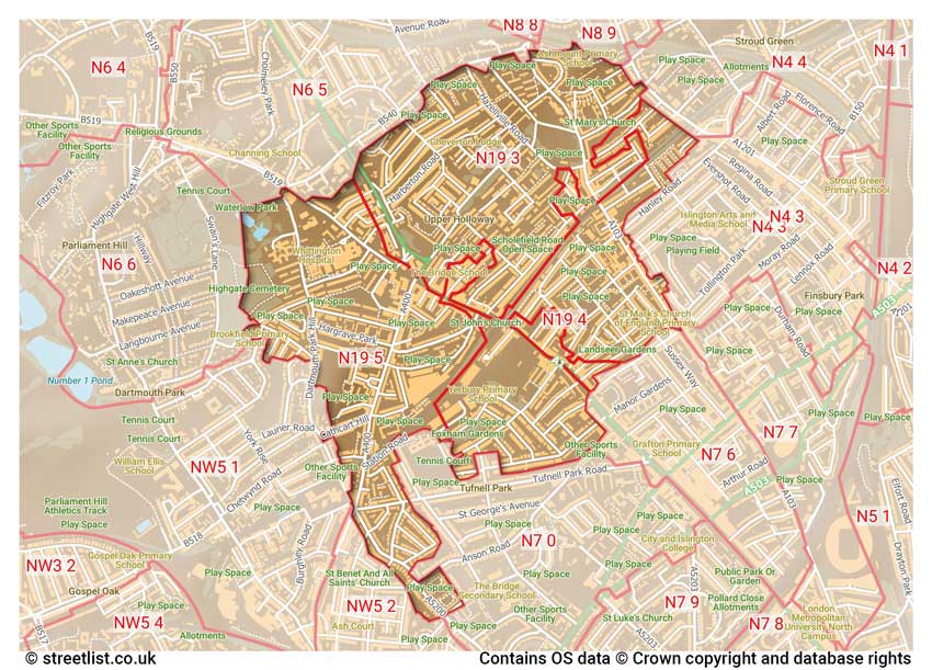 map showing postcode sectors within the N19 district