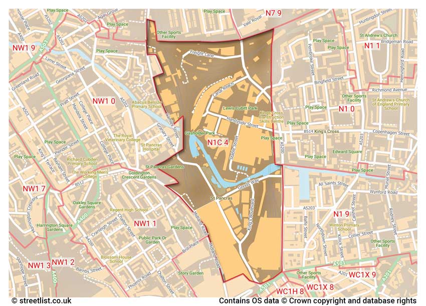 map showing postcode sectors within the N1C district