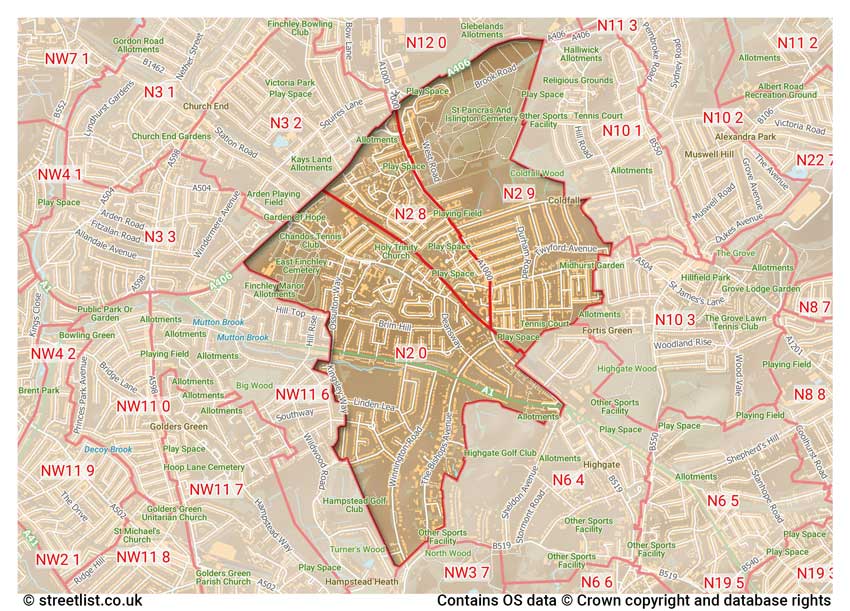 map showing postcode sectors within the N2 district