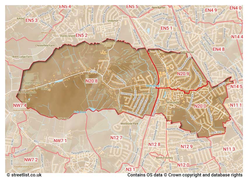 map showing postcode sectors within the N20 district