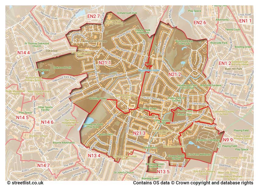 map showing postcode sectors within the N21 district