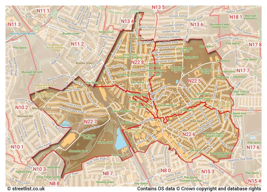 map showing postcode sectors within the N22 district