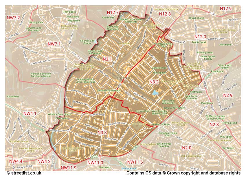 map showing postcode sectors within the N3 district