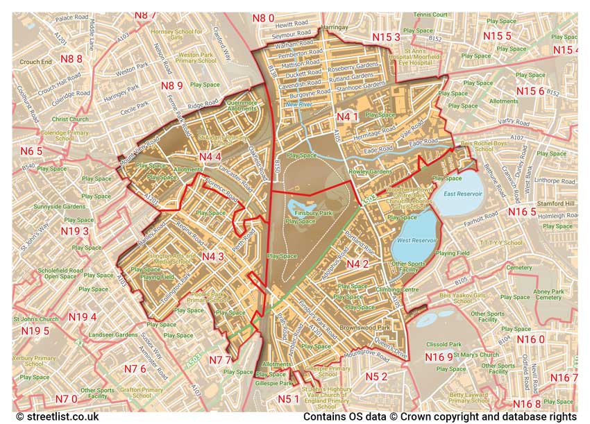 map showing postcode sectors within the N4 district