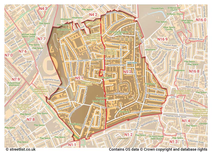 map showing postcode sectors within the N5 district