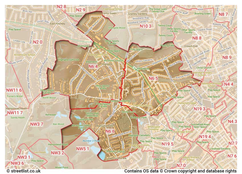 map showing postcode sectors within the N6 district