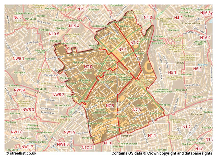 map showing postcode sectors within the N7 district