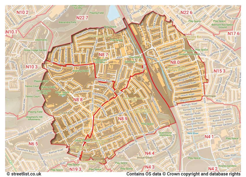 map showing postcode sectors within the N8 district