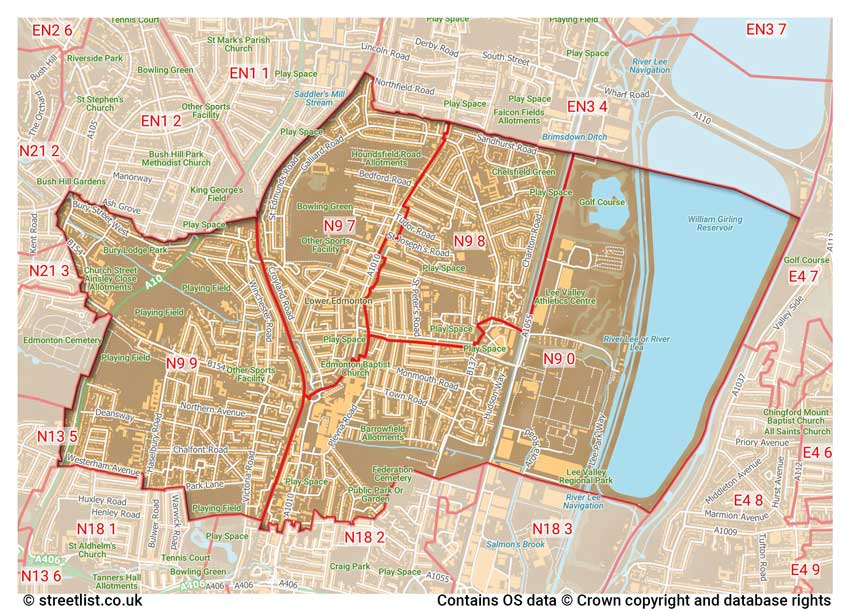 map showing postcode sectors within the N9 district