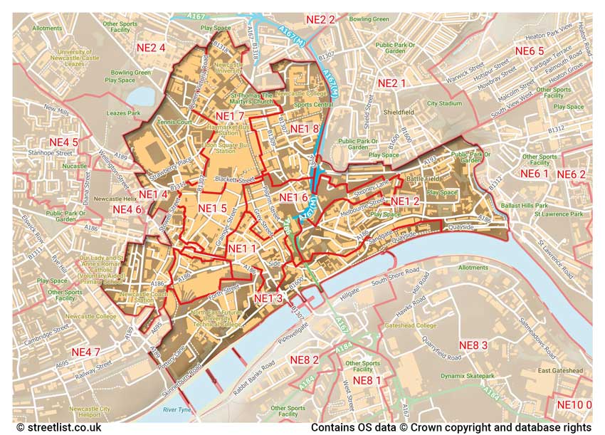 map showing postcode sectors within the NE1 district