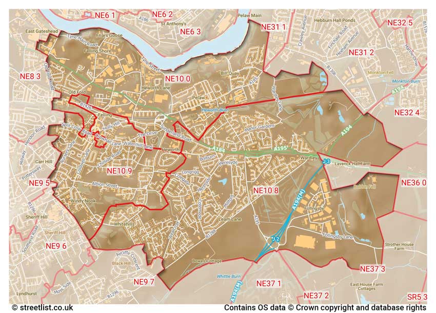 map showing postcode sectors within the NE10 district