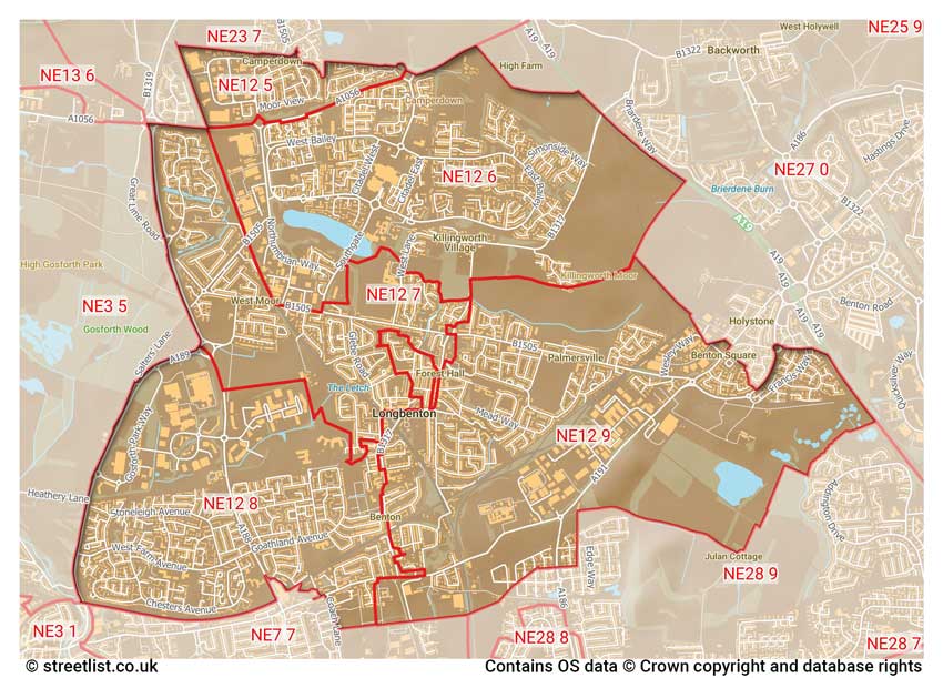 map showing postcode sectors within the NE12 district